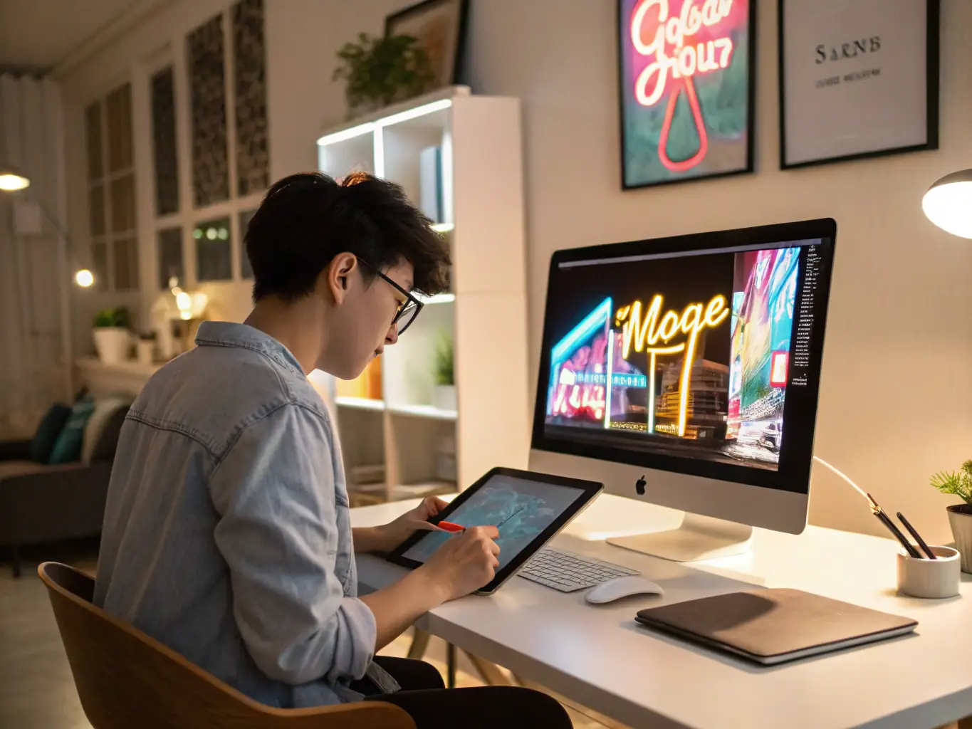 A graphic designer working on a complex design project on a large monitor, showcasing design software.