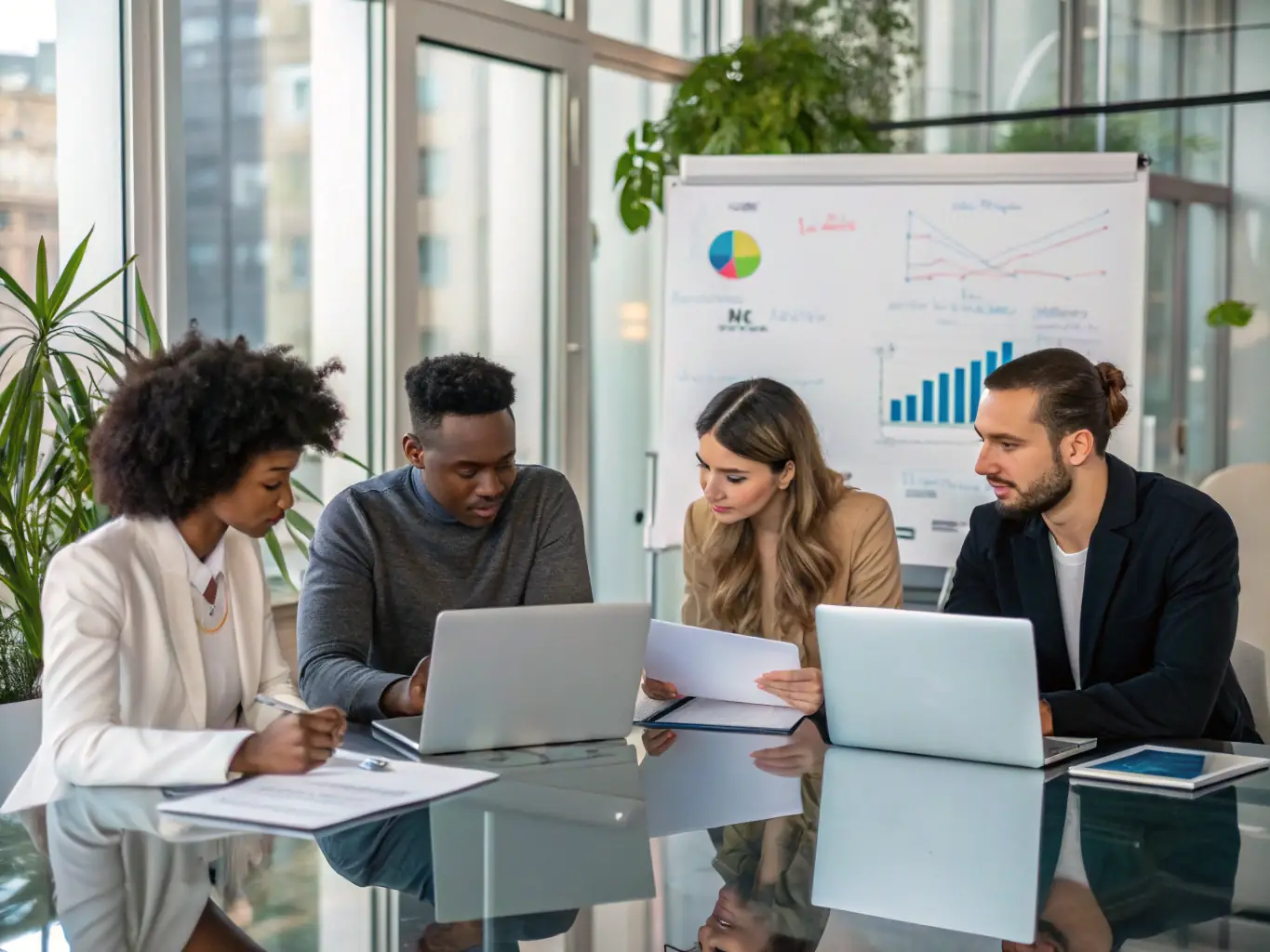 A team of professionals collaborating in a modern office, using business software on their devices.